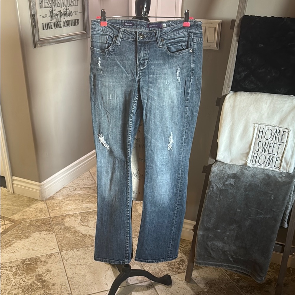 Vigoss Blue Straight Leg Jeans with Distressed Details